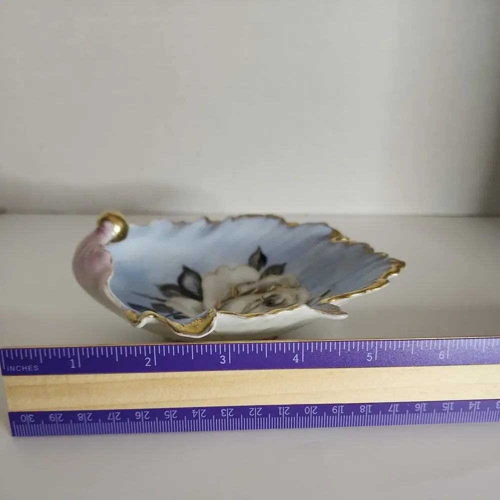 Vtg Chubu China Hand Painted Shell Shaped Trinket Dish Rose Pale Blue, Pink